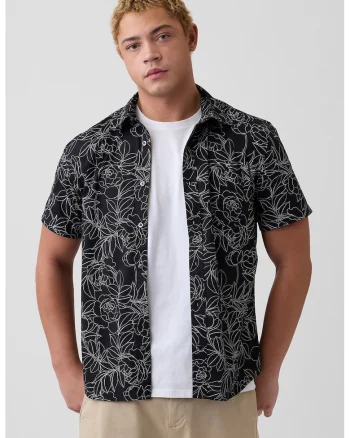 Camasa cu maneci scurte si model floral, Alb/Negru