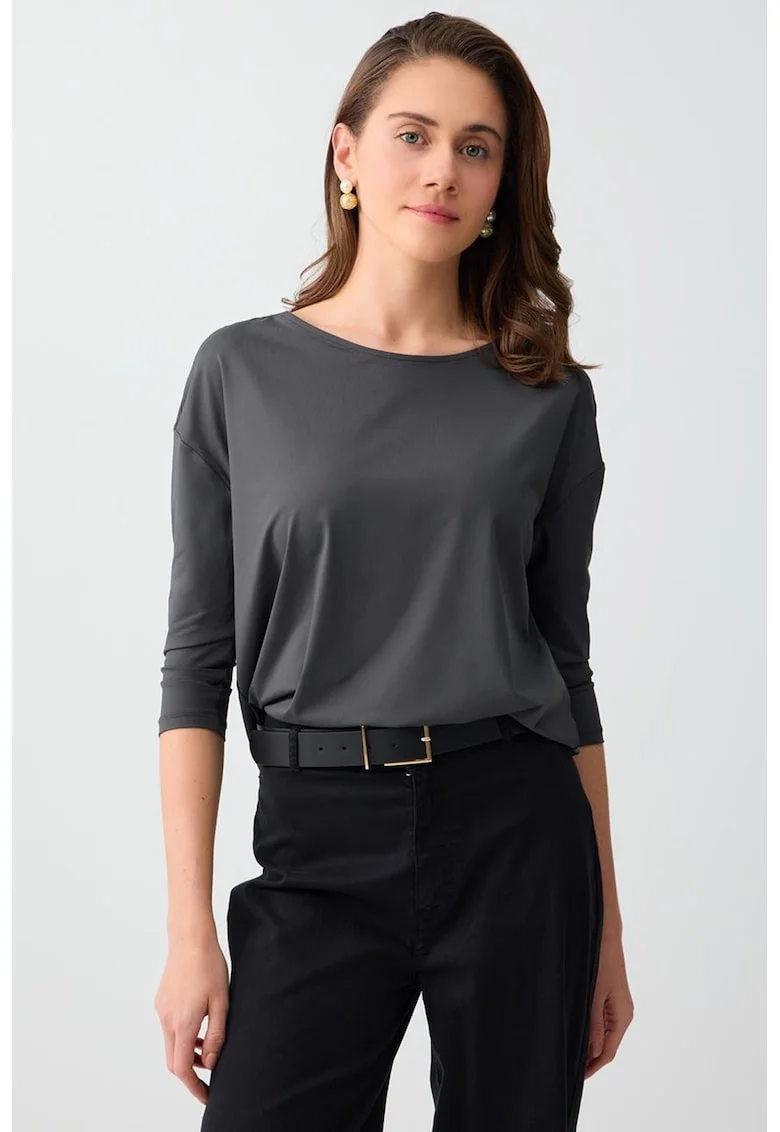 Bluza cu decolteu barcuta si maneci 3/4, Gri antracit/Gri inchis