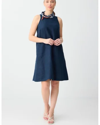 Rochie dreapta de in, fara maneci, Bleumarin