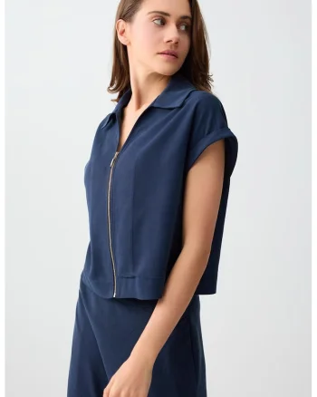 Tricou din lyocell cu guler si fermoar, Bleumarin