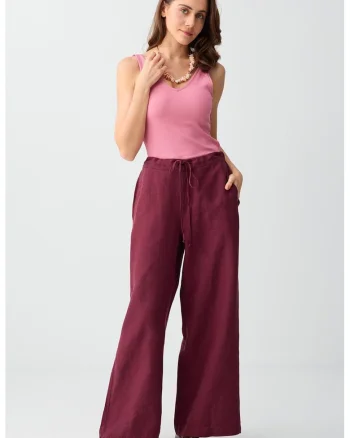 Pantaloni cu croiala conica din in cu buzunare laterale, Visiniu