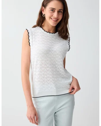 Bluza cu perforatii decorative, fara maneci, Alb