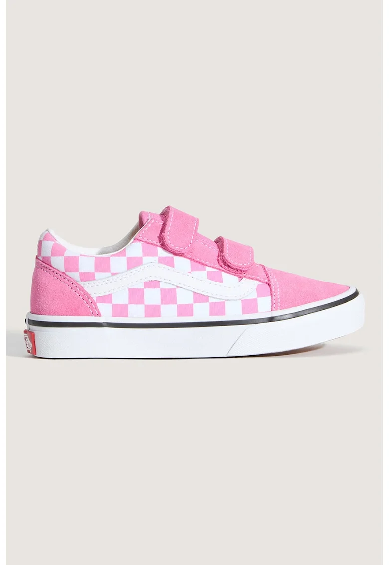 Tenisi low-cut cu garnituri din piele intoarsa si velcro Old Skool, Alb/Roz inchis