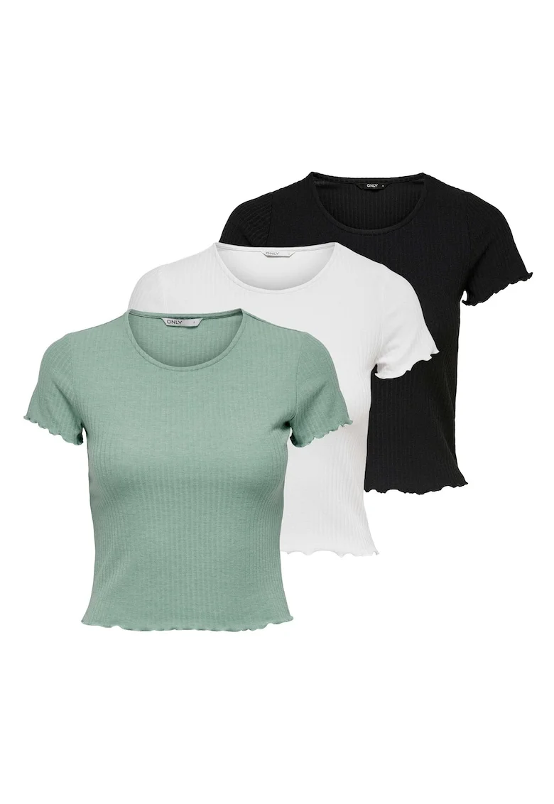 Set de tricouri crop slim fit - 3 piese, Alb/Negru/Verde deschis
