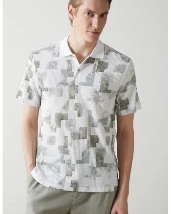 Tricou polo cu model abstract, Alb/Verde