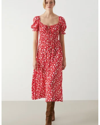 Rochie cu maneci scurte si imprimeu floral, Rosu/Alb