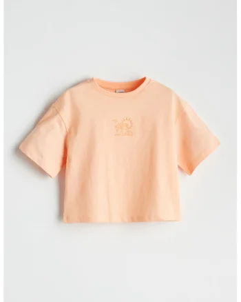 Tricou cu decolteu la baza gatului si imprimeu grafic discret, Portocaliu pal