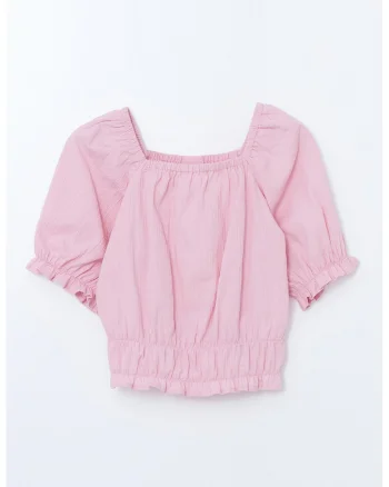 Bluza cu decolteu patrat cu margini elastice, Roz