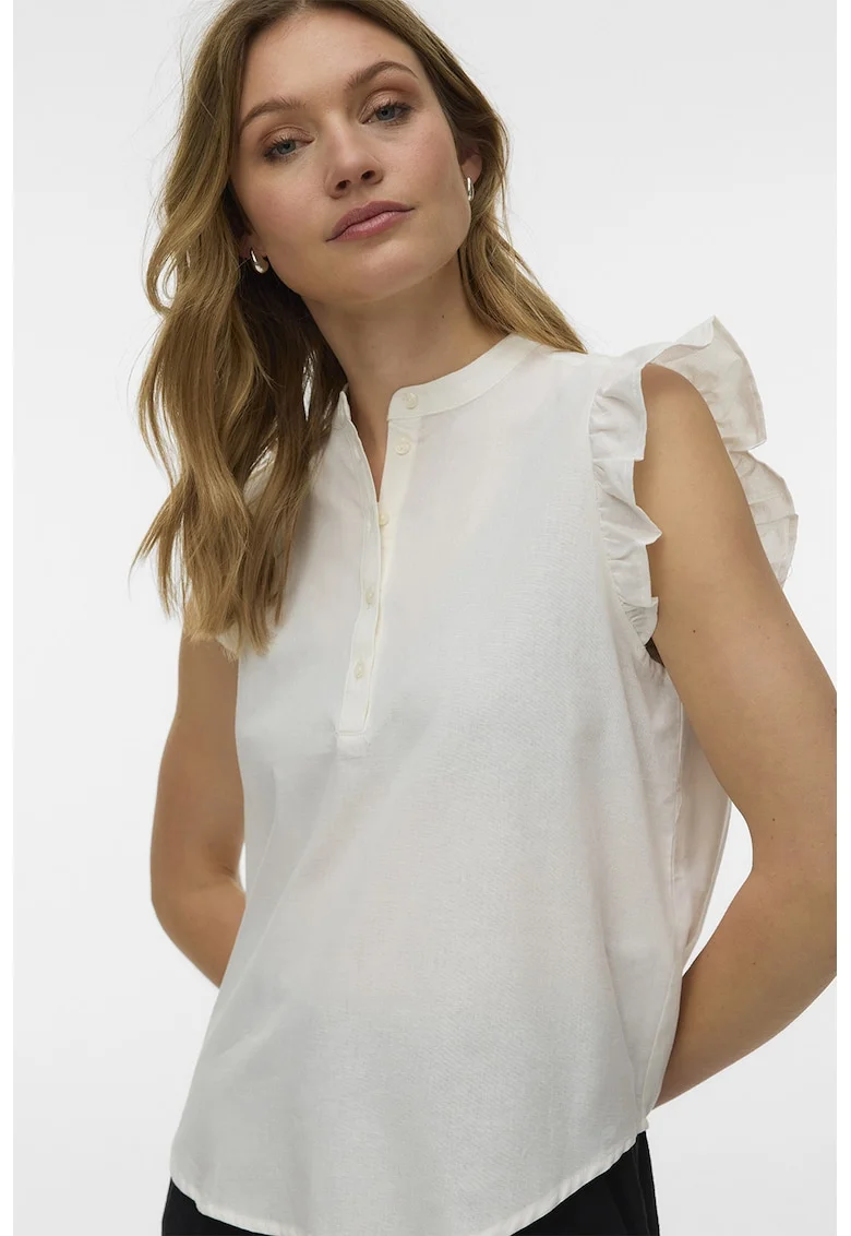 Bluza de bumbac organic si in cu volane, fara maneci, Alb