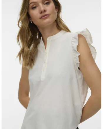 Bluza de bumbac organic si in cu volane, fara maneci, Alb