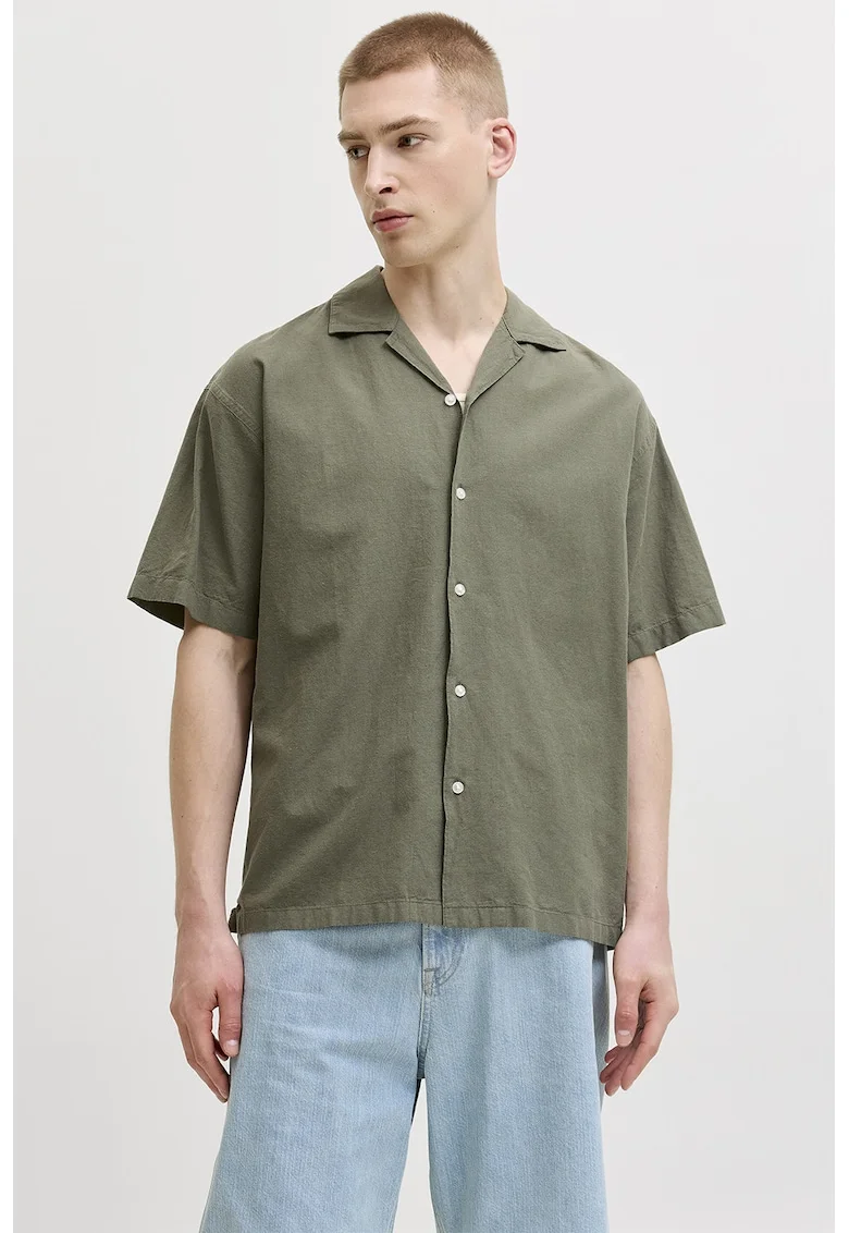Camasa relaxed fit din amestec de in cu maneci scurte, Kaki
