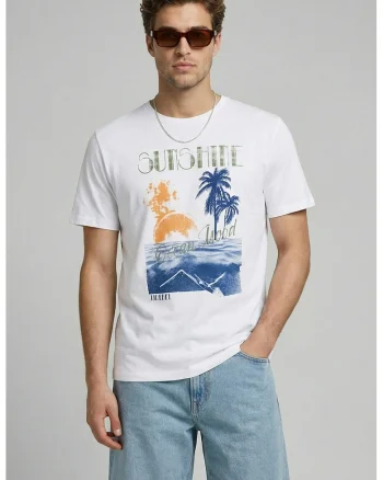 Tricou de bumbac cu imprimeu grafic, Alb optic