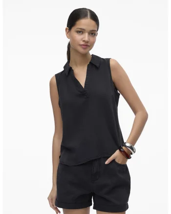 Bluza din lyocell, fara maneci, cu decolteu in V, Negru