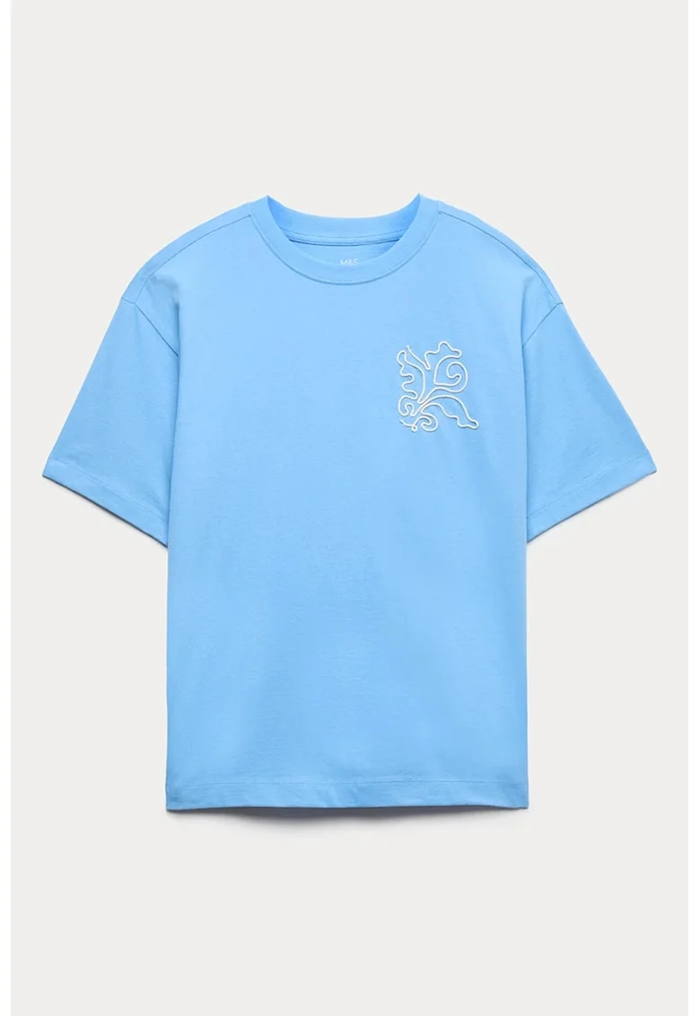 Tricou de bumbac cu broderie, Albastru pastel/Roz pastel