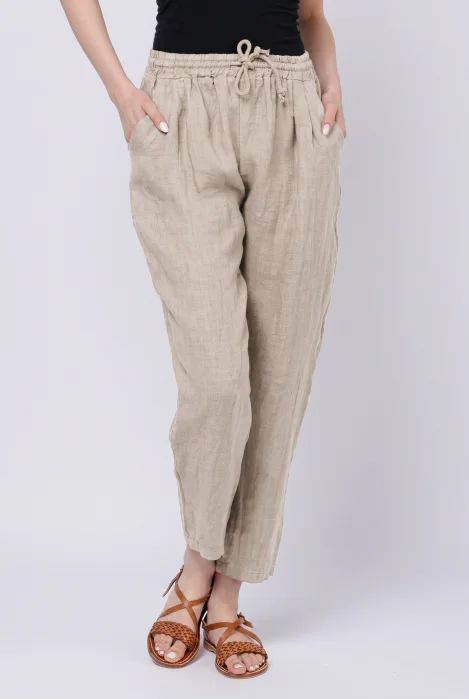 Pantaloni pana din in, cu siret in talie, bej