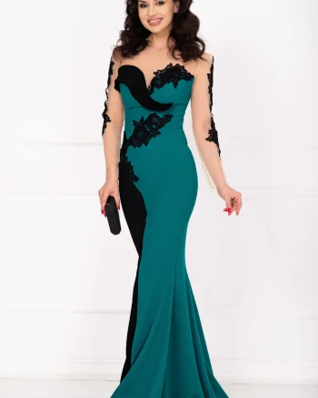 Rochie de seara Twilla verde tip sirena cu broderie aplicata