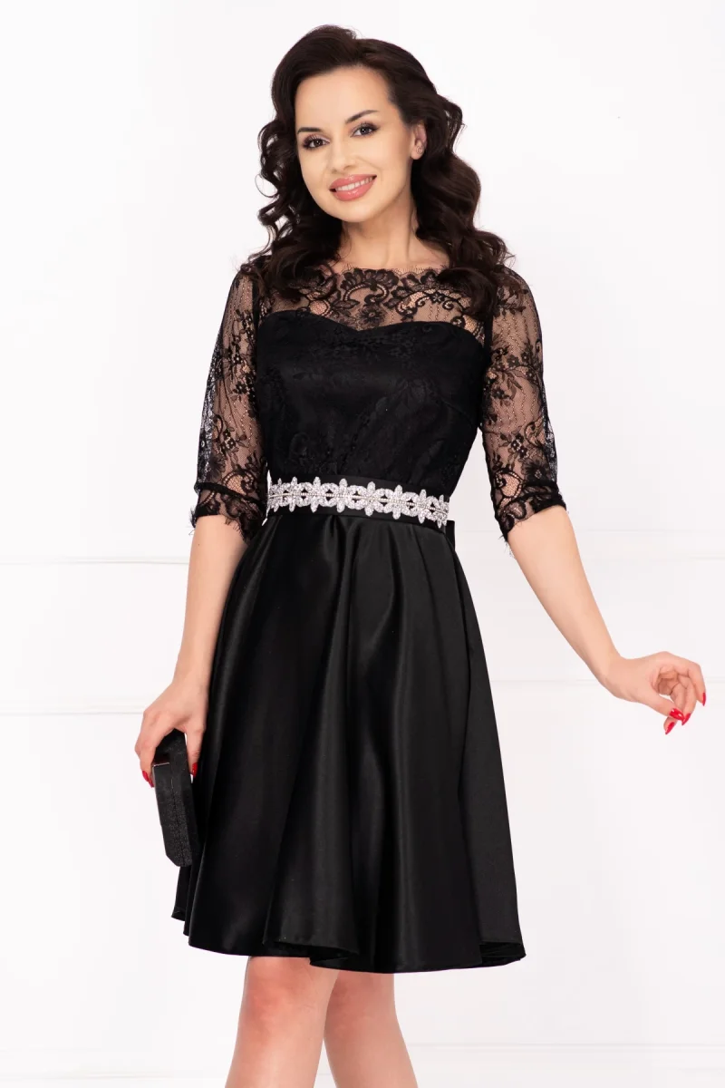 Rochie de ocazie neagra in clos Alison cu maneci din dantela