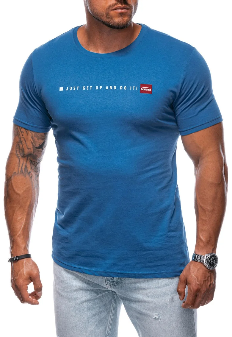 Tricou cu decolteu la baza gatului si imprimeu text, Albastru inchis