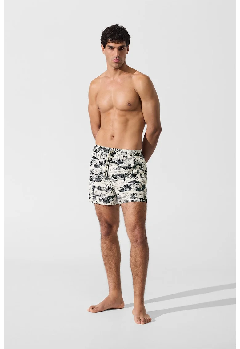 Pantaloni scurti de baie cu imprimeu grafic si buzunare laterale, Negru/Alb murdar