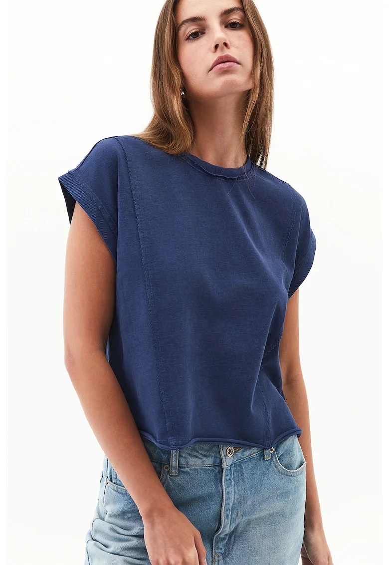 Tricou de bumbac cu decolteu la baza gatului, Albastru inchis