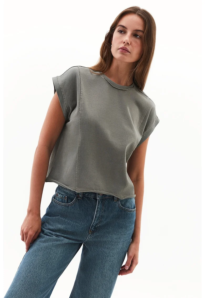 Tricou de bumbac cu decolteu la baza gatului, Kaki