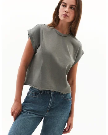 Tricou de bumbac cu decolteu la baza gatului, Kaki