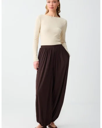Pantaloni cu talie inalta si croiala harem, Maro inchis