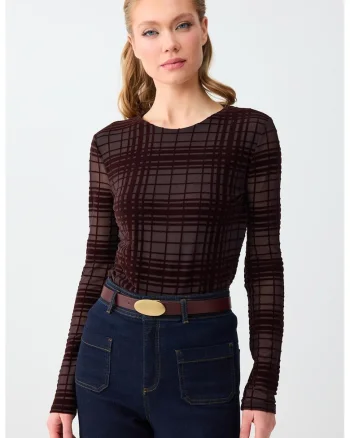 Bluza din plasa cu model in carouri, Maro cognac/Maro pamantiu