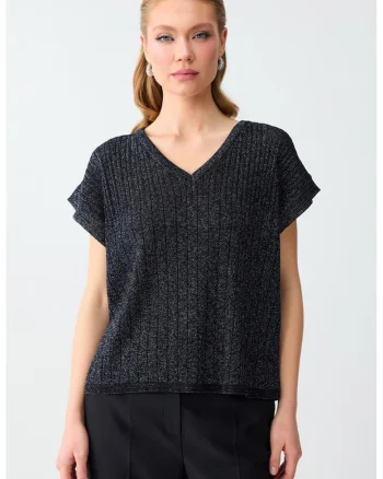 Bluza cu decolteu in V si lurex, Negru antracit