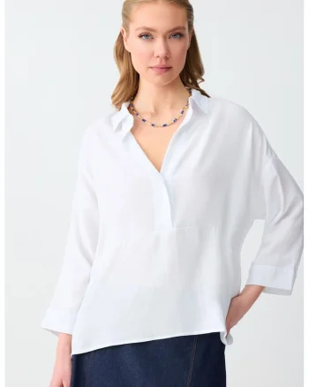 Bluza lejera din amestec de in cu decolteu in V, Alb