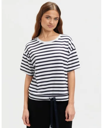 Tricou cu maneci cazute si dungi, Alb/Bleumarin