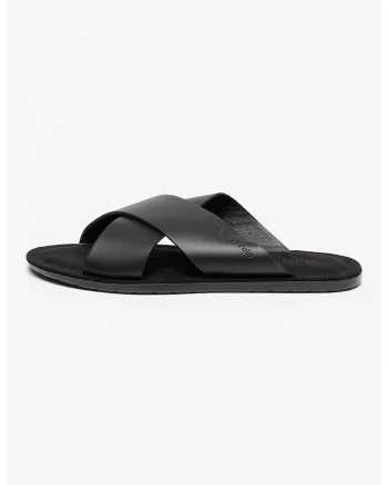 Papuci de piele cu barete incrucisate, Negru