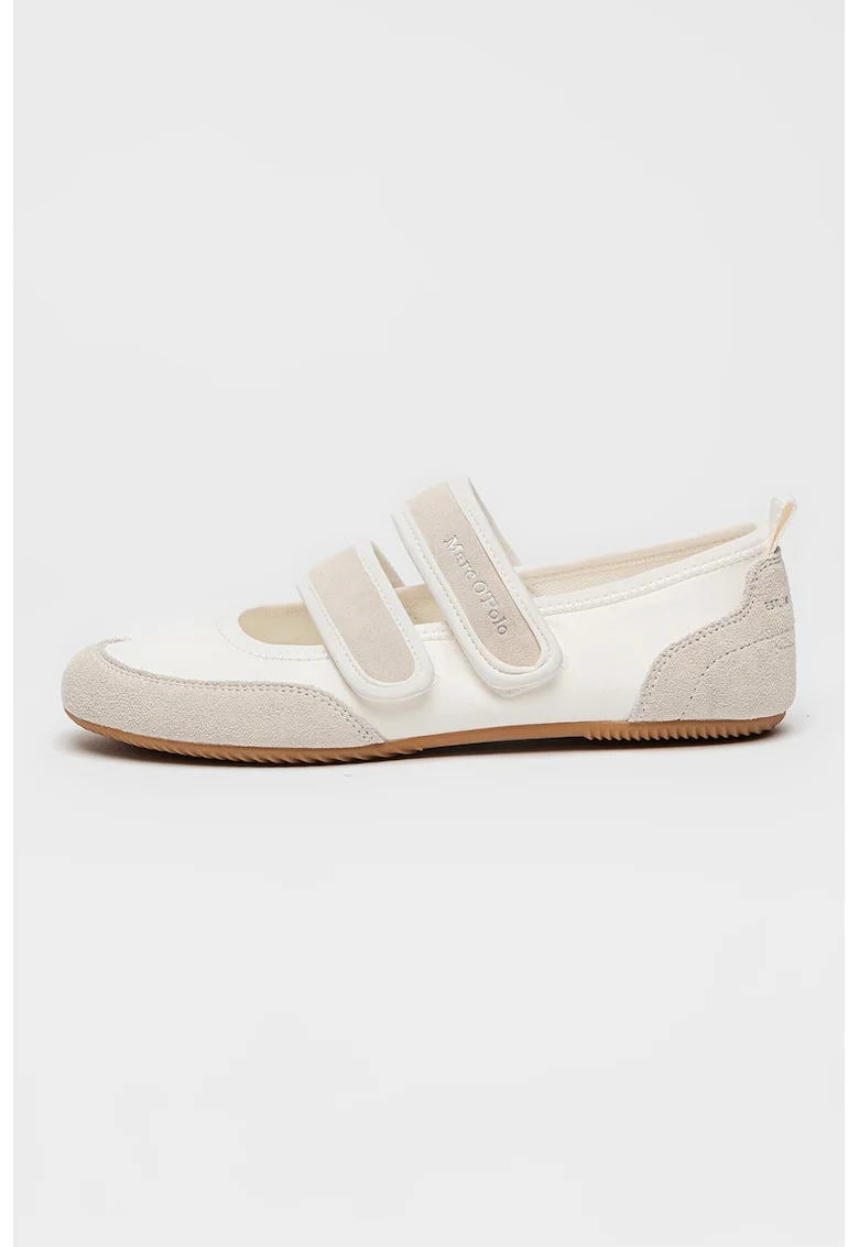 Balerini din piele intoarsa cu velcro si insertii din material textil, Maro taupe deschis/Alb murdar