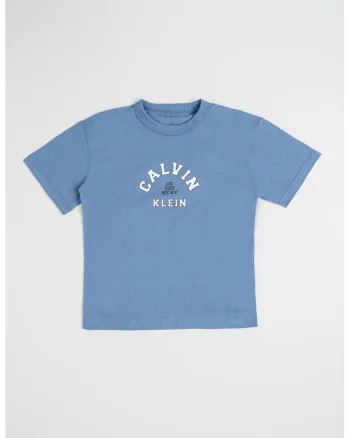Tricou de bumbac cu decolteu la baza gatului si imprimeu, Albastru prafuit