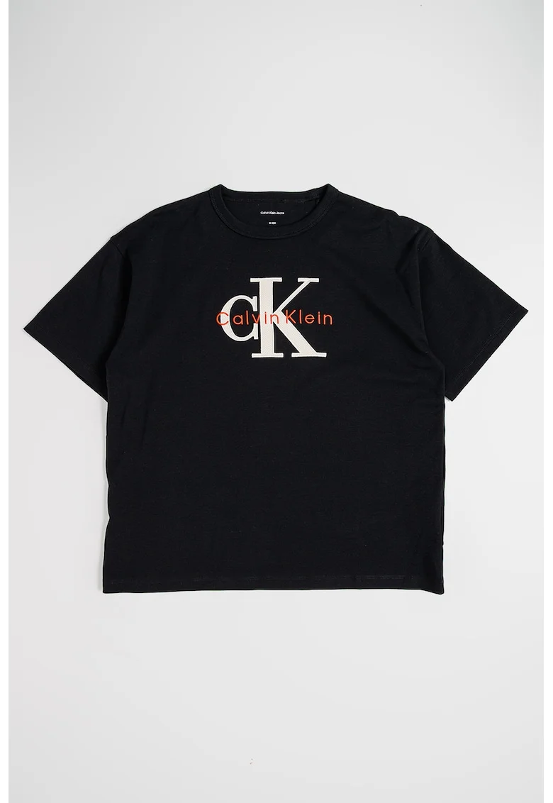 Tricou din bumbac organic cu decolteu la baza gatului si imprimeu logo, Negru