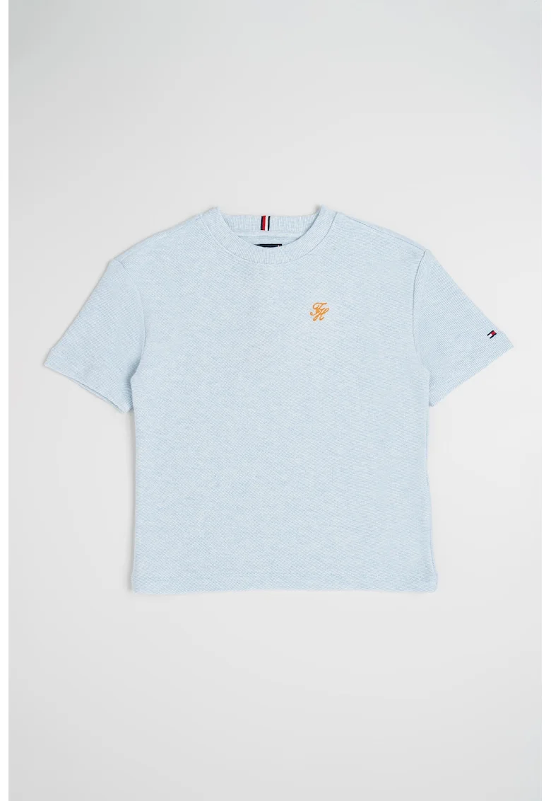 Tricou din bumbac cu decolteu la baza gatului, Albastru deschis melange
