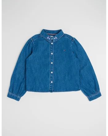 Camasa din denim cu detalii brodate, Albastru melange
