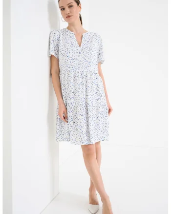 Rochie scurta cu model si decolteu in V, Alb/Albastru