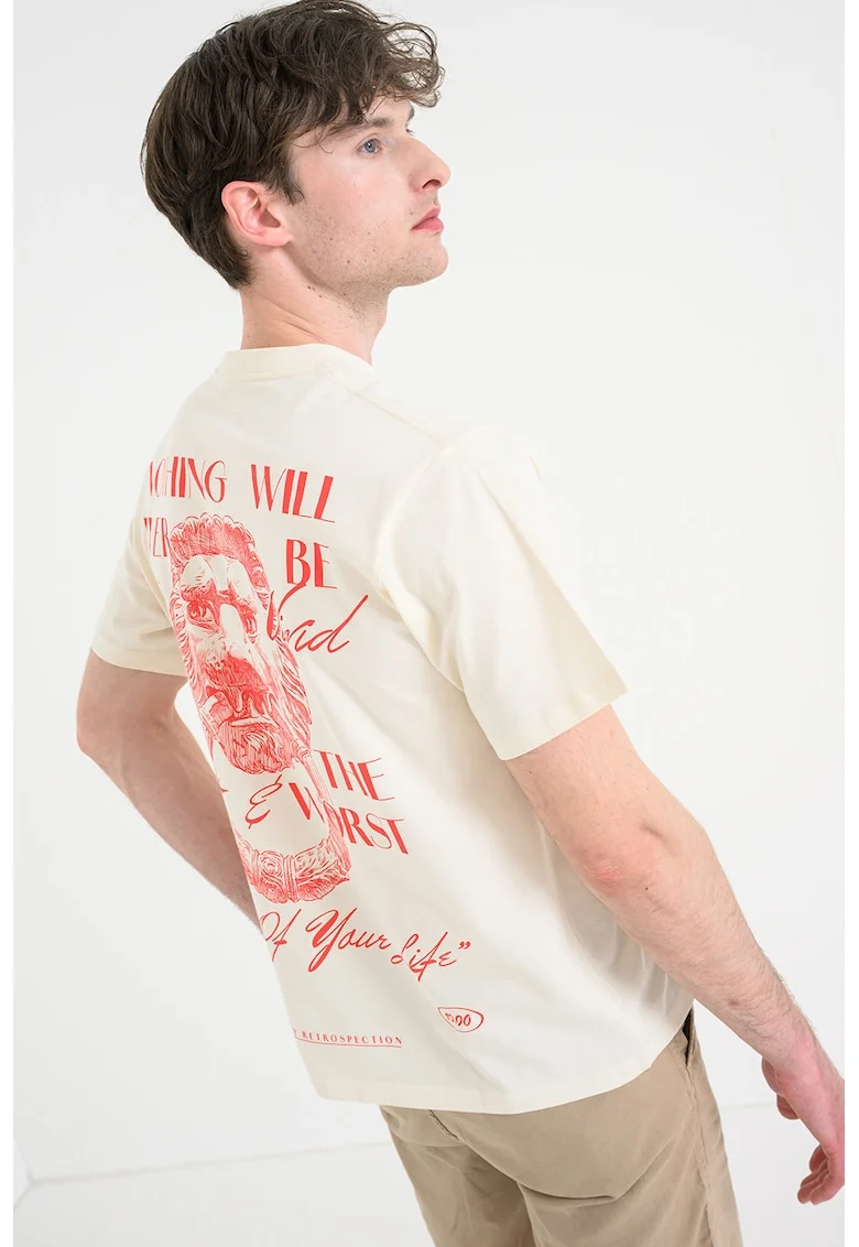 Tricou lejer din bumbac organic cu imprimeu, Bej deschis