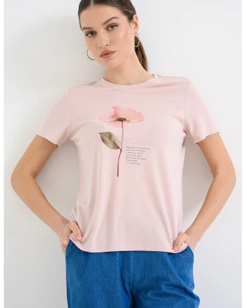 Tricou regular fit cu design floral, Roz prafuit