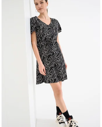 Rochie mini cu croiala evazata, Negru/Alb murdar