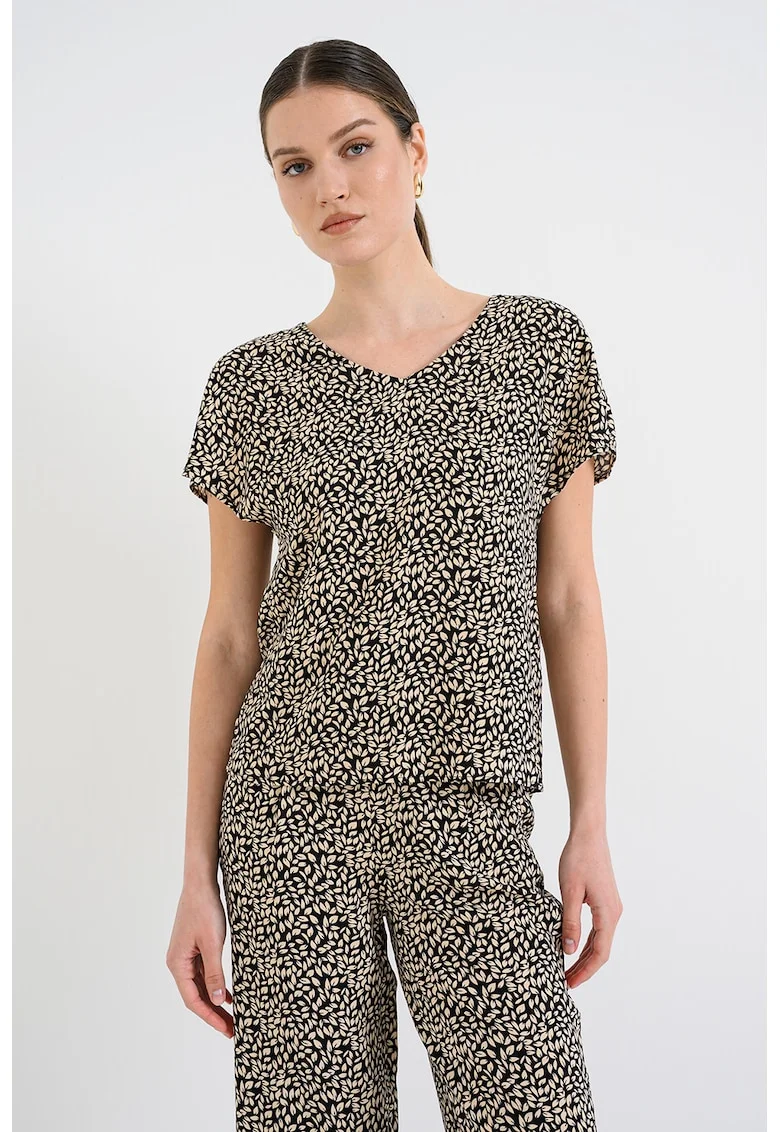 Bluza cu decolteu in V si maneci scurte, Alb fildes/Negru