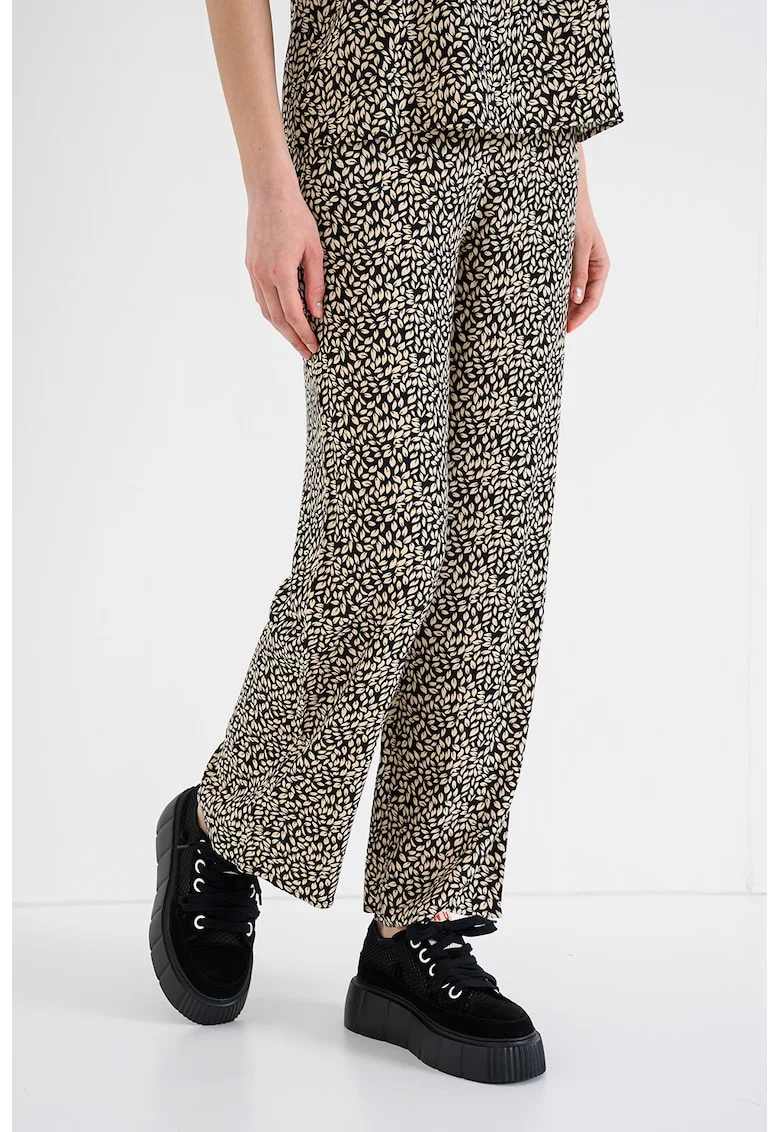 Pantaloni lungi cu talie inalta, Alb fildes/Negru