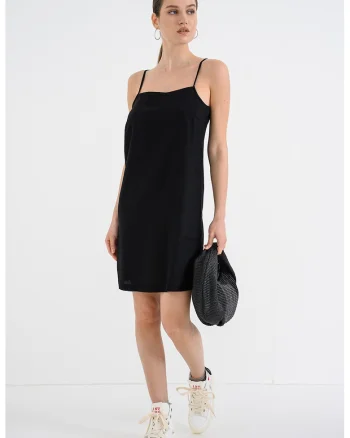 Rochie scurta din amestec de in cu croiala dreapta, Negru