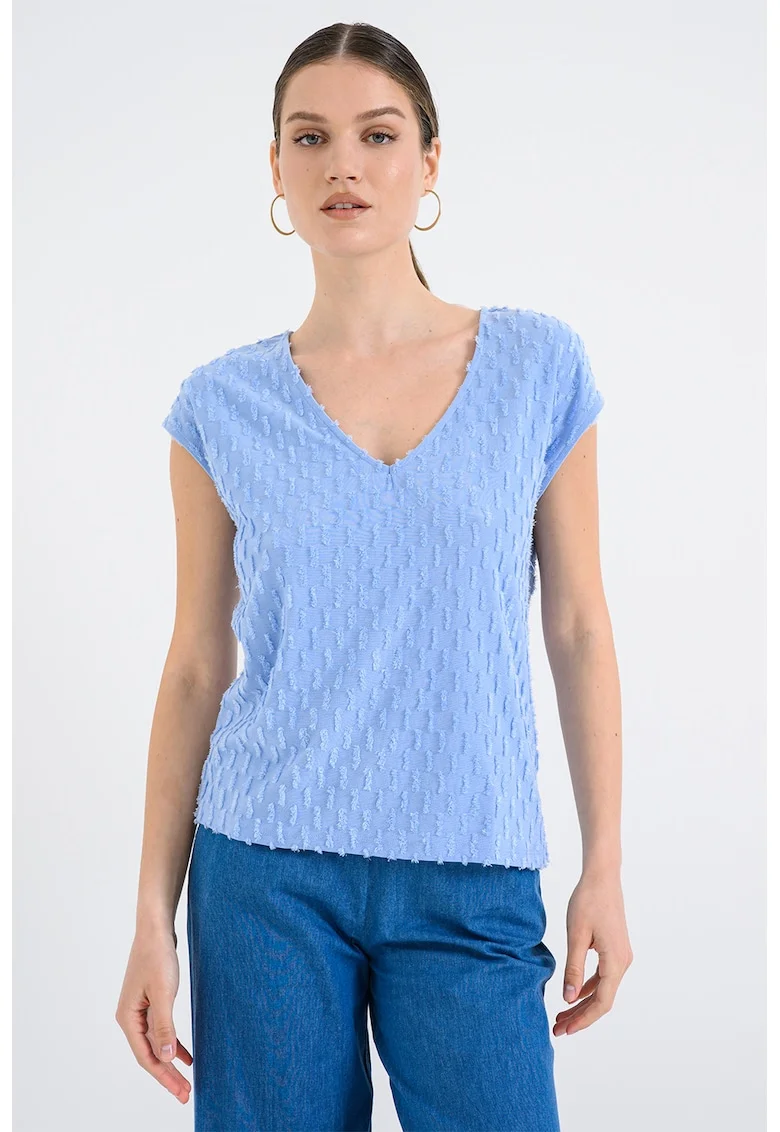 Tricou texturat cu decolteu in V, Albastru pastel