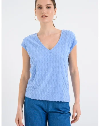Tricou texturat cu decolteu in V, Albastru pastel