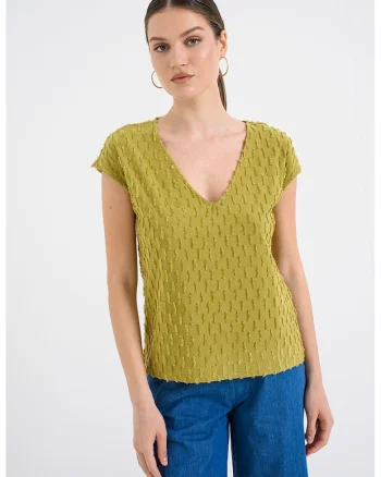 Tricou texturat cu decolteu in V, Verde masliniu