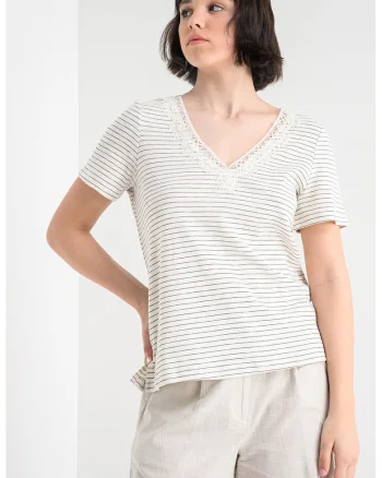 Tricou cu decolteu in V Karoline, Alb fildes/Negru