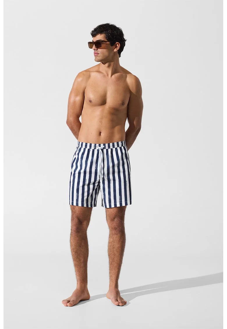 Pantaloni scurti de baie cu model in dungi, Alb/Bleumarin