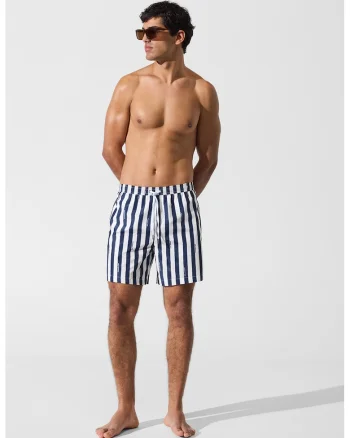 Pantaloni scurti de baie cu model in dungi, Alb/Bleumarin